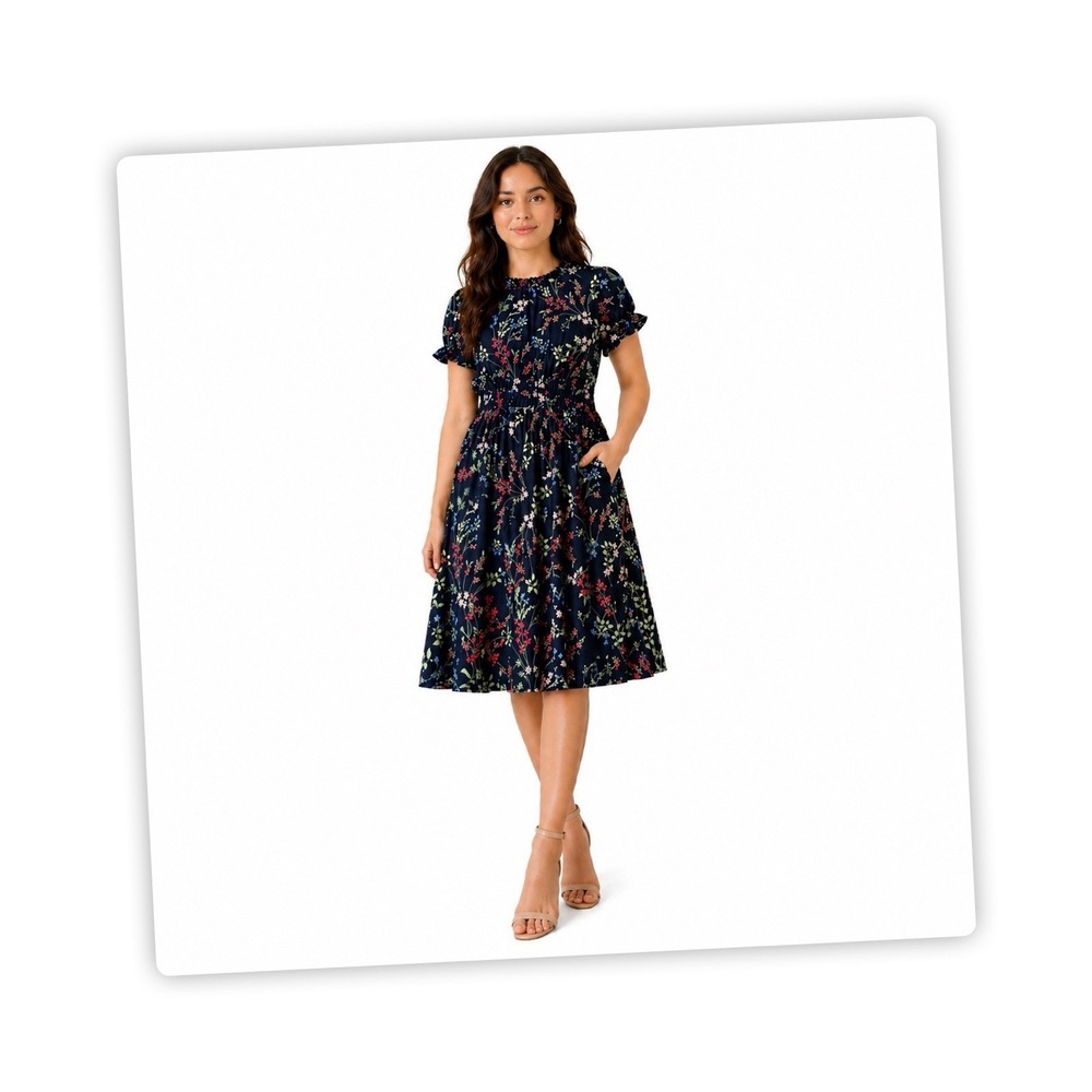 Tommy Hilfiger Dress Womens 14 Navy Floral Knee Length A Line Fit Flare